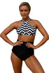 Sexy Black White Zigzag Cross Front Bikini High Waist Swimsuit